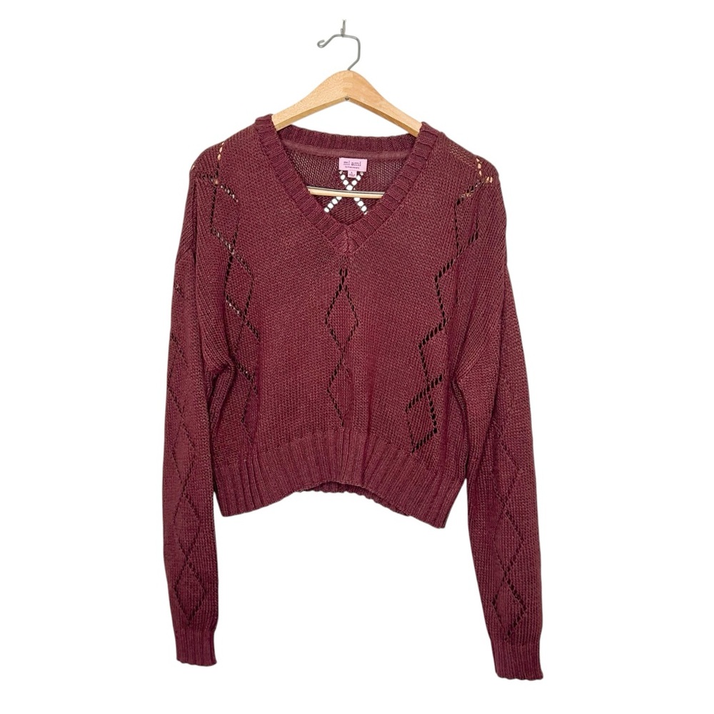 Mi Ami By Francescas Kristina V Neck Pointelle Sweater Burgundy Knit Sweater L